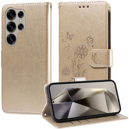 Mobigear Flowers Housse Samsung Galaxy S25 Ultra Etui Porte-Monnaie - Or