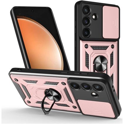 Mobigear Armor Ring Cam Slide Coque Samsung Galaxy S25 FE Coque arrière Rigide Anti-Chocs avec Anneau-Support et Protecteur Lentilles - Rose doré
