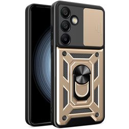 Mobigear Armor Ring Cam Slide Samsung Galaxy S24 FE Plastique rigide Coque arrière Antichoc avec bague de maintien et cache caméra coulissant - Or