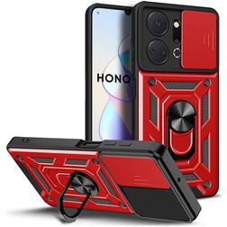Mobigear Armor Ring Cam Slide HONOR X7A Plastique rigide Coque arrière Antichoc avec bague de maintien et cache caméra coulissant - Rouge