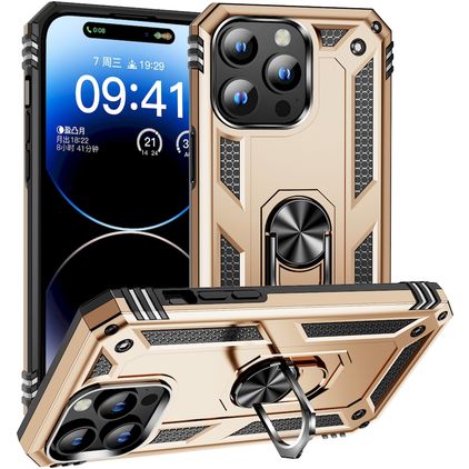 Mobigear Armor Ring Coque iPhone 15 Pro Coque arrière Rigide Anti-Chocs avec Anneau-Support - Or