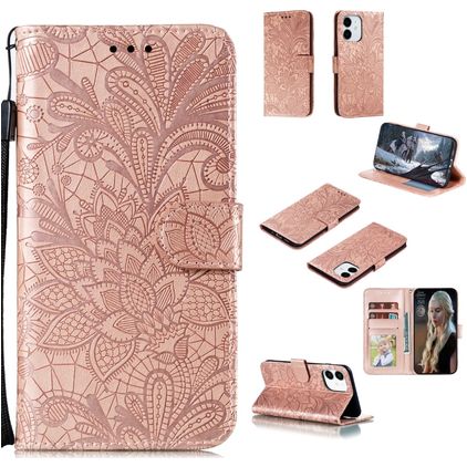 Mobigear Flowers Housse iPhone 12 Mini Etui Porte-Monnaie - Rose doré