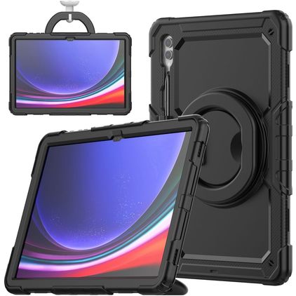 Mobigear RingGuard Coque Samsung Galaxy Tab S10 Ultra Coque arrière en Plastique rigide,Silicone + Porte-crayon + Bandoulière + Support Amovible - Noir
