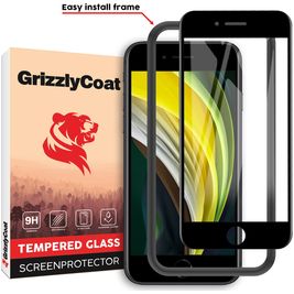 GrizzlyCoat Easy Fit iPhone SE (2020) Verre trempé Protection d'écran - Compatible Coque + Cadre d'installation - Noir