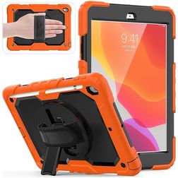Mobigear SureGrip Xtreme Coque iPad 8 (2020) Coque arrière en Plastique rigide,Silicone + Porte-crayon + Bandoulière + Support Amovible - Noir / Orange