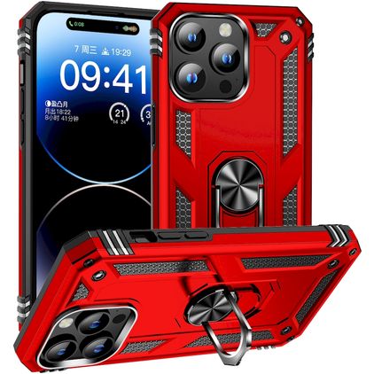Mobigear Armor Ring Coque iPhone 15 Pro Coque arrière Rigide Anti-Chocs avec Anneau-Support - Rouge