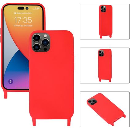 Mobigear Lanyard iPhone 14 Pro Max Coque avec cordon en Silicone - Rouge