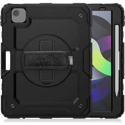 Mobigear SureGrip Xtreme Coque iPad Air 5 (2022) Coque arrière en Plastique rigide,Silicone + Porte-crayon + Bandoulière + Support Amovible - Noir