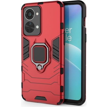 Mobigear Armor Ring OnePlus Nord 2T 5G Plastique rigide Coque arrière Antichoc avec bague de maintien - Rouge