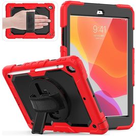 Mobigear SureGrip Xtreme Coque iPad 8 (2020) Coque arrière en Plastique rigide,Silicone + Porte-crayon + Bandoulière + Support Amovible - Noir / Rouge