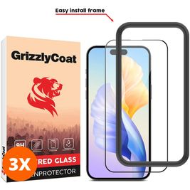 GrizzlyCoat Easy Fit iPhone 15 Verre trempé Protection d'écran - Compatible Coque + Cadre d'installation - Noir (Lot de 3)