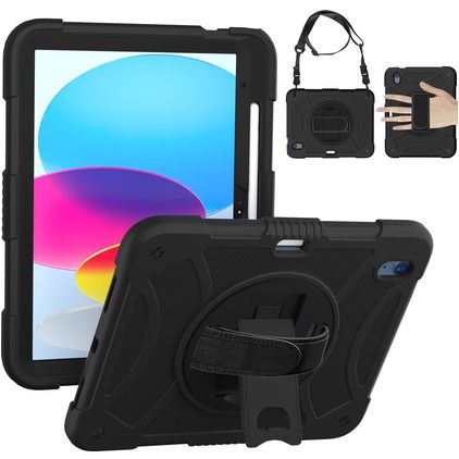 Mobigear SureGrip Coque iPad 11 (2025) Coque arrière en Plastique rigide,Silicone + Porte-crayon + Bandoulière + Support Amovible - Noir