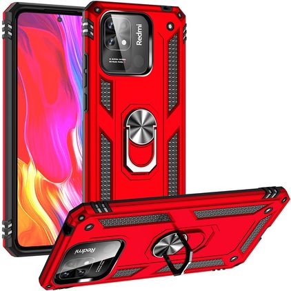 Mobigear Armor Ring Xiaomi Redmi 10C Plastique rigide Coque arrière Antichoc avec bague de maintien - Rouge
