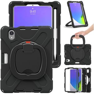 Mobigear RingGuard Coque iPad Mini 7 (2024) Coque arrière en Plastique rigide,Silicone + Porte-crayon + Bandoulière + Support Amovible - Noir