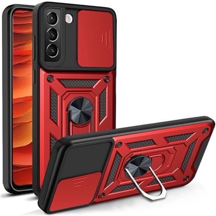 Mobigear Armor Ring Cam Slide Samsung Galaxy S22 Plus Plastique rigide Coque arrière Antichoc avec bague de maintien et cache caméra coulissant - Rouge