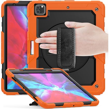 Mobigear SureGrip Xtreme Coque iPad Air 13 Pouces (2024) Coque arrière en Plastique rigide,Silicone + Porte-crayon + Bandoulière + Support Amovible - Orange