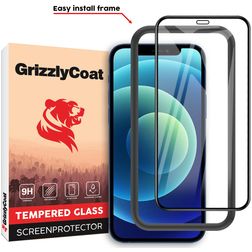 GrizzlyCoat Easy Fit iPhone 12 Verre trempé Protection d'écran - Compatible Coque + Cadre d'installation - Noir