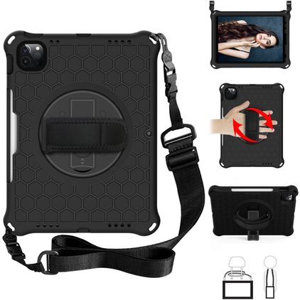 Mobigear SureGrip Hexa Coque iPad Pro 11 Pouces (2021) Coque arrière en Plastique rigide,Silicone + Porte-crayon + Bandoulière + Support Amovible - Noir