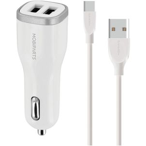 Mobiparts - Double USB Chargeur voiture USB-C 1 mètre 24W 4.8A - Blanc