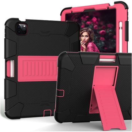 Mobigear ShieldStand Coque iPad Air 4 (2020) Coque arrière en Plastique rigide,Silicone + Porte-crayon + Support Amovible - Noir / Rose
