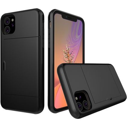 Mobigear Card iPhone 11 Plastique rigide Coque arrière Antichoc avec porte-cartes - Noir