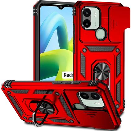 Mobigear Armor Ring Cam Slide Coque Xiaomi Redmi A1 4G Coque arrière Rigide Anti-Chocs avec Anneau-Support et Protecteur Lentilles - Rouge