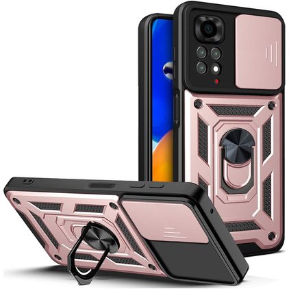 Mobigear Armor Ring Cam Slide Coque Xiaomi Redmi Note 11S 4G Coque arrière Rigide Anti-Chocs avec Anneau-Support et Protecteur Lentilles - Rose doré