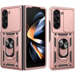Mobigear Armor Ring Cam Slide Samsung Galaxy Z Fold 7 Plastique rigide Coque arrière Antichoc avec bague de maintien et cache caméra coulissant - Rose doré
