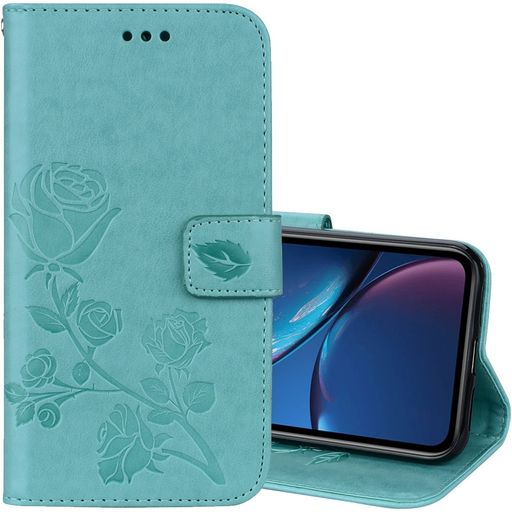 Mobigear Roses Housse iPhone XR Etui Porte-Monnaie - Turquoise