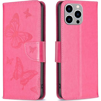 Mobigear Butterfly Housse iPhone 15 Pro Max Etui Porte-Monnaie - Magenta