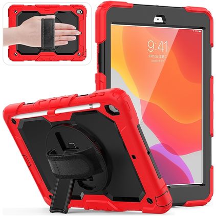 Mobigear SureGrip Xtreme Coque iPad 9 (2021) Coque arrière en Plastique rigide,Silicone + Porte-crayon + Bandoulière + Support Amovible - Noir / Rouge