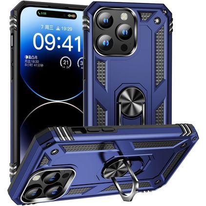 Mobigear Armor Ring Coque iPhone 16 Pro Coque arrière Rigide Anti-Chocs avec Anneau-Support - Bleu