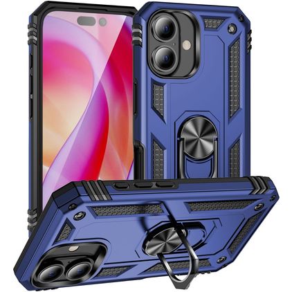 Mobigear Armor Ring Coque iPhone 16 Coque arrière Rigide Anti-Chocs avec Anneau-Support - Bleu