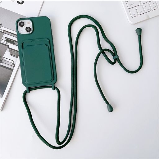 Mobigear Lanyard Card iPhone 15 Coque avec cordon en Silicone et Porte-Cartes - Vert