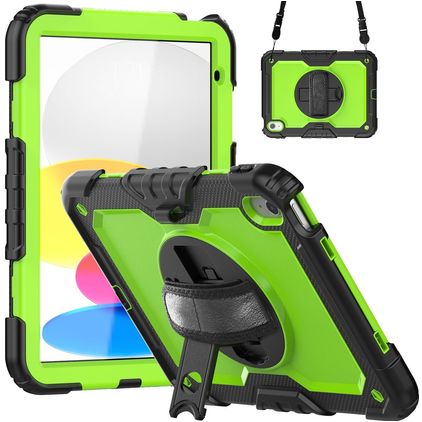 Mobigear SureGrip Xtreme Coque iPad 10 (2022) Coque arrière en Plastique rigide,Silicone + Bandoulière + Support Amovible - Noir / Vert