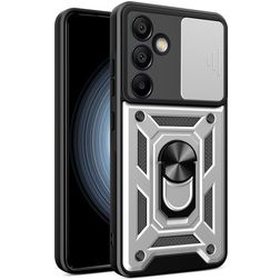 Mobigear Armor Ring Cam Slide Samsung Galaxy S24 FE Plastique rigide Coque arrière Antichoc avec bague de maintien et cache caméra coulissant - Argent
