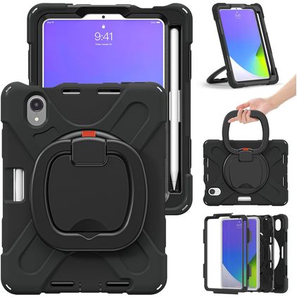 Mobigear RingGuard Coque iPad Mini 7 (2024) Coque arrière en Plastique rigide,Silicone + Porte-crayon + Bandoulière + Support Amovible - Noir