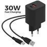 Mobiparts Wall Charger Double USB / USB-C Chargeur Micro USB 1 mètre 30W - Noir