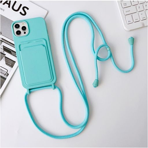 Mobigear Lanyard Card iPhone 15 Pro Max Coque avec cordon en Silicone et Porte-Cartes - Bleu