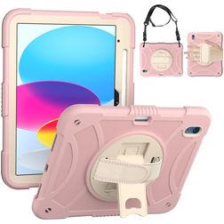 Mobigear SureGrip Coque iPad 10 (2022) Coque arrière en Plastique rigide,Silicone + Porte-crayon + Bandoulière + Support Amovible - Rose
