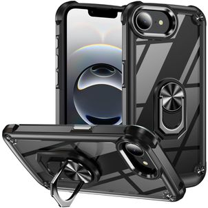Mobigear Crystal Ring iPhone 16e Plastique rigide Coque arrière avec bague de maintien - Noir