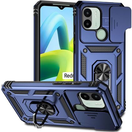 Mobigear Armor Ring Cam Slide Xiaomi Redmi A1 4G Plastique rigide Coque arrière Antichoc avec bague de maintien et cache caméra coulissant - Bleu