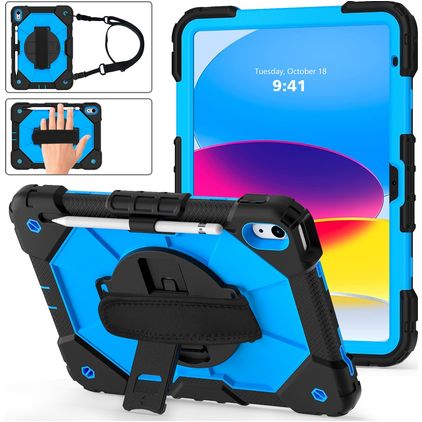 Mobigear SureGrip Xtreme Coque iPad 10 (2022) Coque arrière en Plastique rigide,Silicone + Porte-crayon + Bandoulière + Support Amovible - Bleu