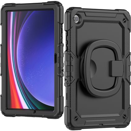 Mobilize Rotating Defender Coque Samsung Galaxy Tab A9 Plus (2023) Coque arrière en Plastique rigide,Silicone + Bandoulière + Support Amovible - Noir