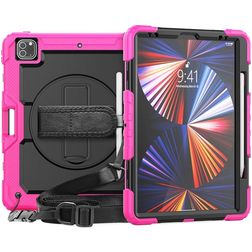 Mobigear SureGrip Xtreme Coque iPad Pro 12.9 Pouces (2022) Coque arrière en Plastique rigide,Silicone + Porte-crayon + Bandoulière + Support Amovible - Noir / Rose