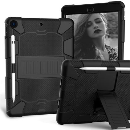 Mobigear ShieldStand Coque iPad 8 (2020) Coque arrière en Plastique rigide,Silicone + Porte-crayon + Support Amovible - Noir