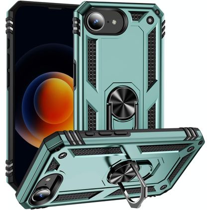 Mobigear Armor Ring Coque iPhone 16e Coque arrière Rigide Anti-Chocs avec Anneau-Support - Vert