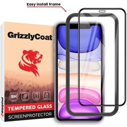 GrizzlyCoat Easy Fit iPhone 11 Verre trempé Protection d'écran - Compatible coque + Cadre de pose - Noir