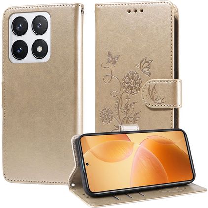 Mobigear Flowers Housse Xiaomi 14T Pro Etui Porte-Monnaie - Or