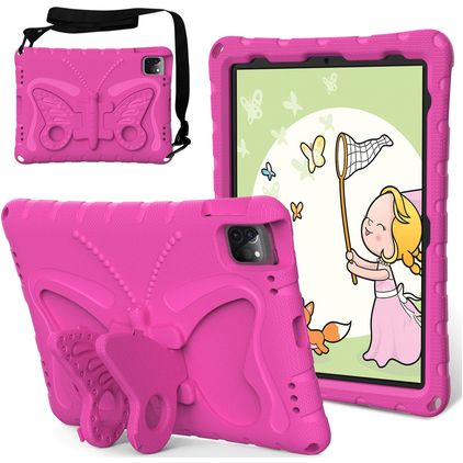 Mobigear Butterfly Coque iPad Air 11 Pouces (2025) Coque arrière en EVA + Bandoulière + Support Amovible - Magenta